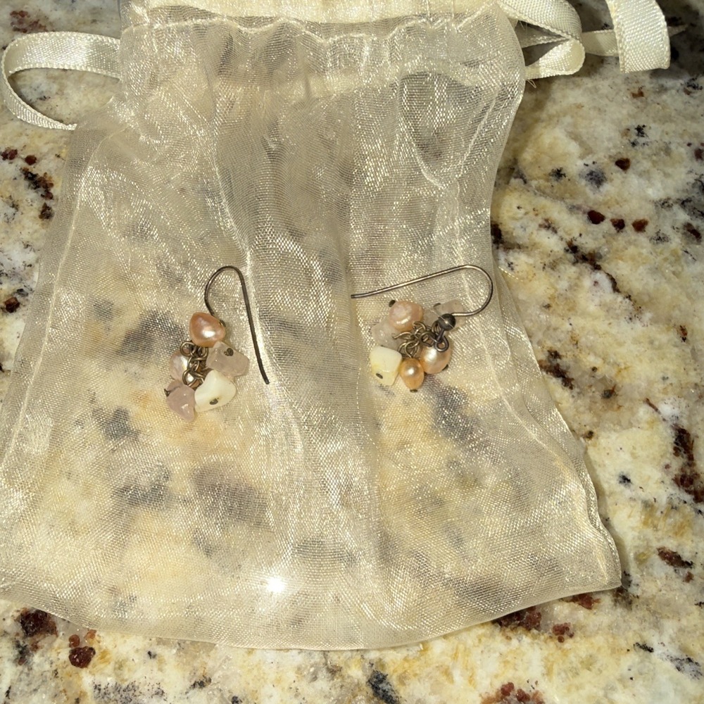 Kate Landry Gold Tone Peach Pearl & Crystal Hook Dangle Earrings